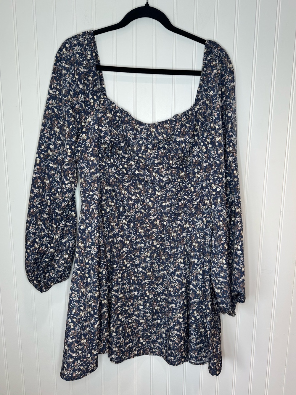 Lush Womens Navy Square Neck Floral Mini Dress Puff Sleeves Elastic Cuff XL